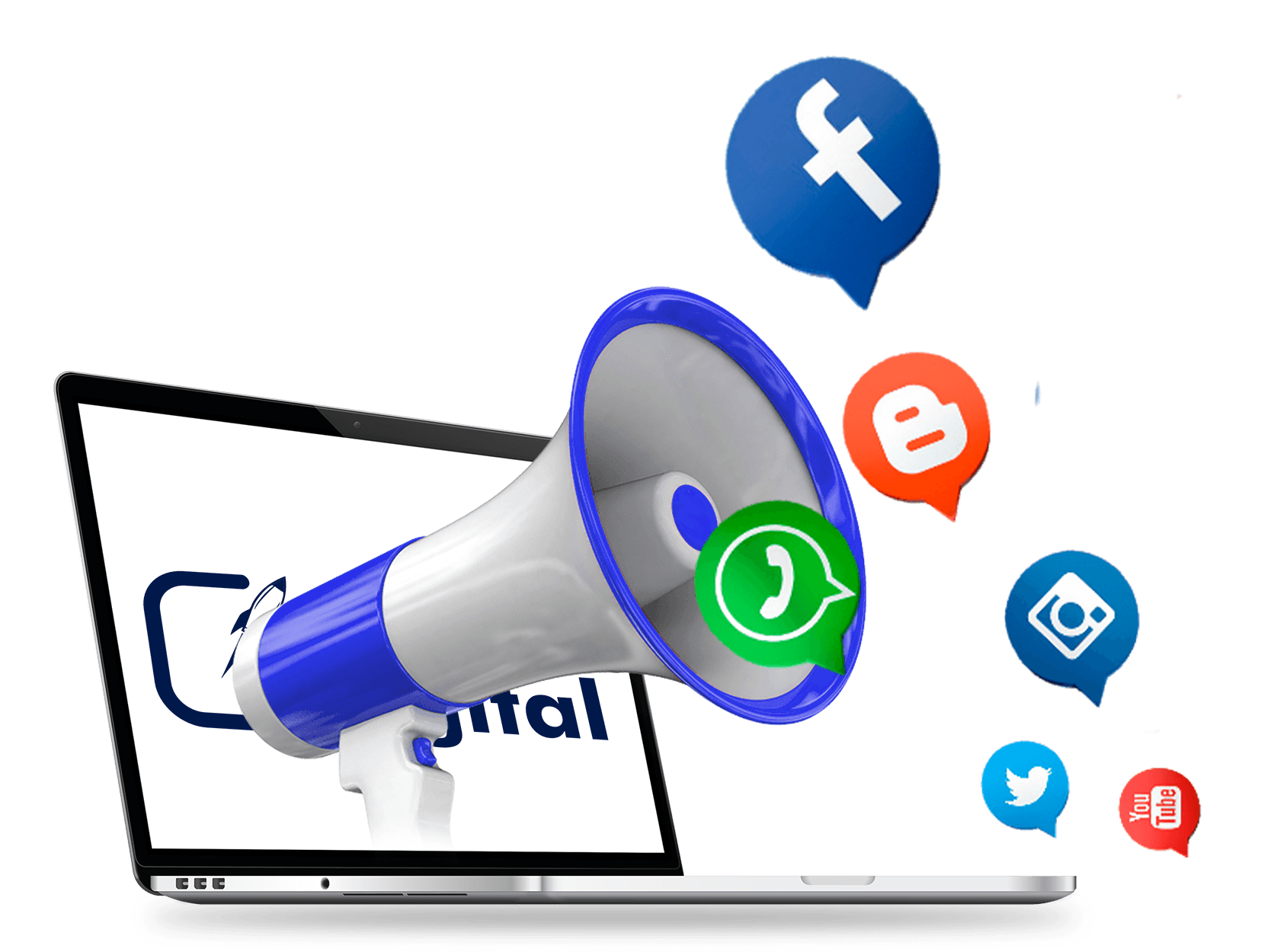 Notebook com megafone e ícones de redes sociais
